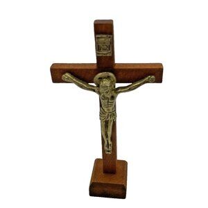 Wood Cross Brass Crucifix 4" Sacred Heart Christian Religious Faith Small Prayer